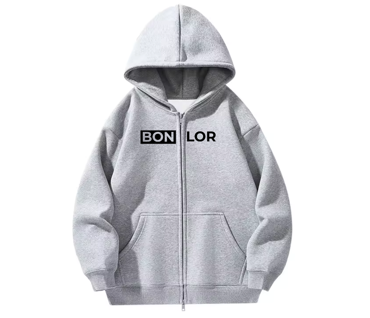 Zip-Up BONLOR Printed Logo Hoodie Unisex (Center Chest) - 100% Cotton