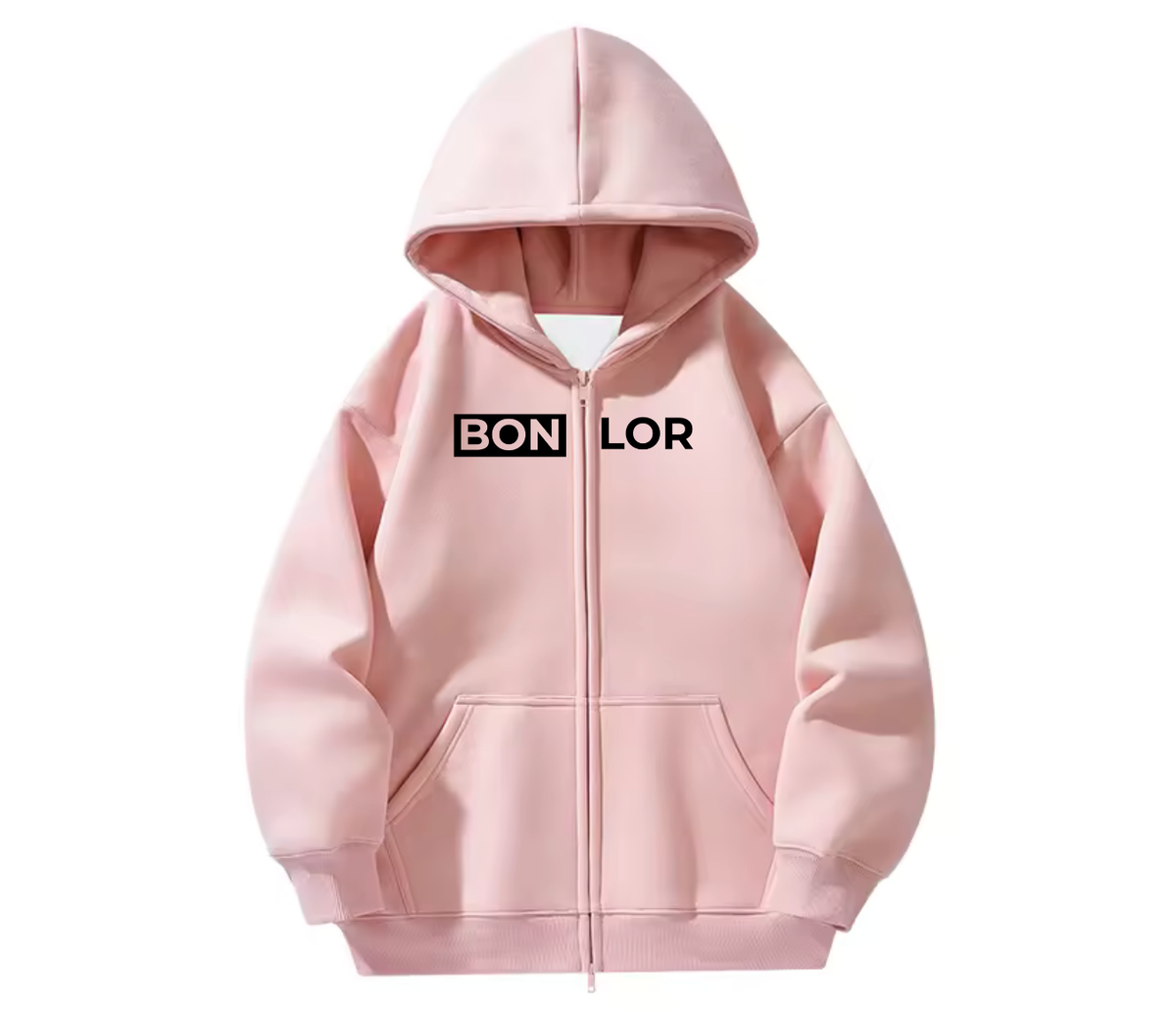 Zip-Up BONLOR Printed Logo Hoodie Unisex (Center Chest) - 100% Cotton
