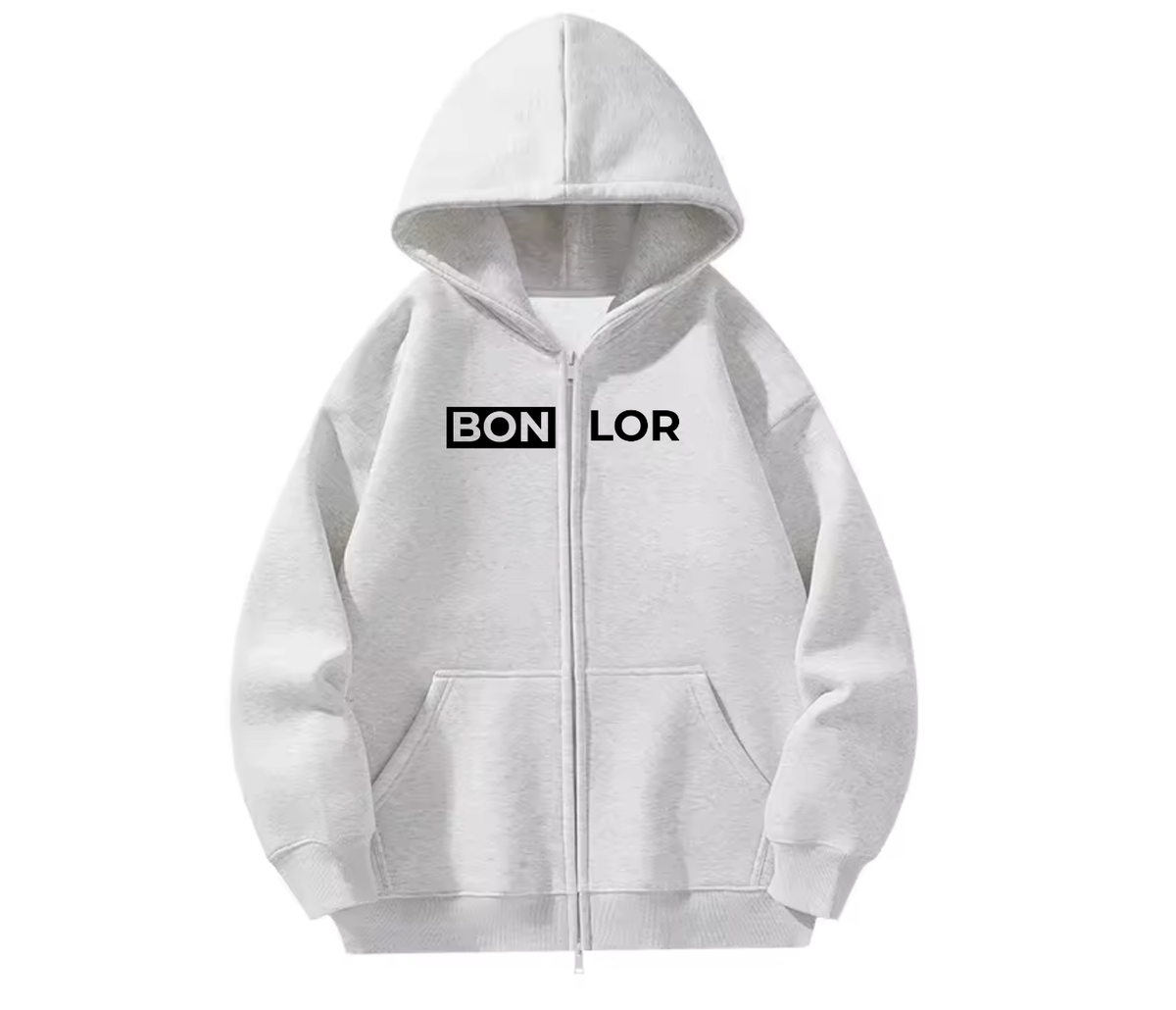 Zip-Up BONLOR Printed Logo Hoodie Unisex (Center Chest) - 100% Cotton